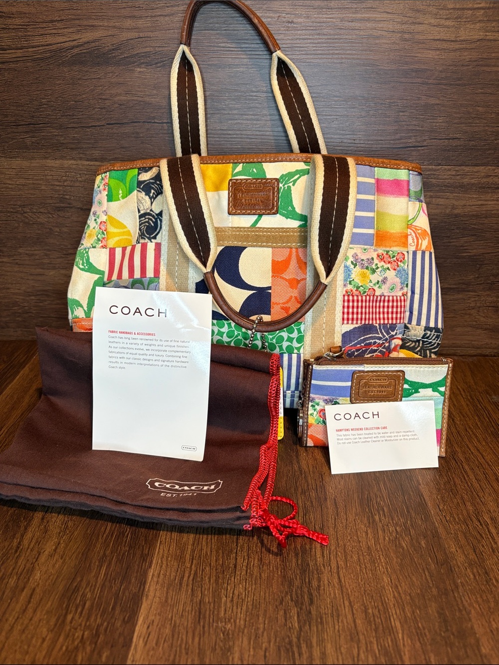 Coach Multicolor Patchwork Tote with Brown Trim and Yellow Tag - Picture 2 of 8